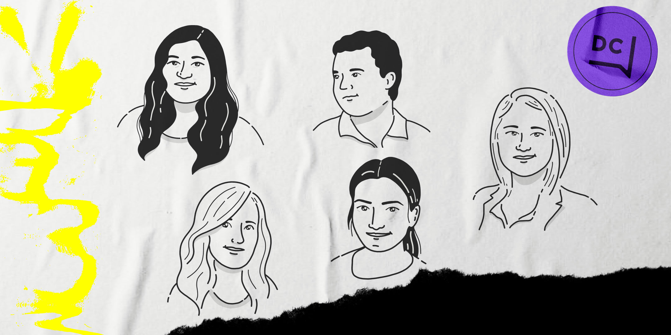 Collage of photos including: a black and white digital drawing of a photograph of Iva Stoyneva smiling and wearing a t-shirt with her dark hair pulled back into a ponytail with two strands framing her face; a black and white digital drawing of a photograph of Michelle McLain smiling and wearing a plain t-shirt, with light, wavy, medium-length hair; a black and white digital drawing of a photograph of Jason smiling and wearing a collared shirt, with dark, curly, and short hair; a black and white digital drawing of a photograph of Asha smiling and wearing a t-shirt with long, wavy, dark hair; and a black and white digital drawing of a photograph of Anne McCombe smiling and wearing a collared shirt and blazer, with chin-length straight hair.