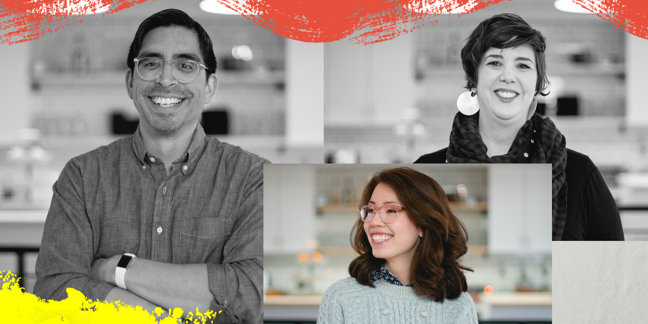 Collage of photos of event speakers Elliott Muñoz, an art director wearing a blue collar shirt and matching work ethic, paired with his daughter’s custom friendship bracelets; Ally Fouts, a creative writer with a pixie cut wearing a giant checkered scarf that was handmade by Elliott Muñoz; and Elyse Kamibayashi, a Japanese American writer and bookworm, wearing her favorite pink glasses and a fuzzy sweater. 