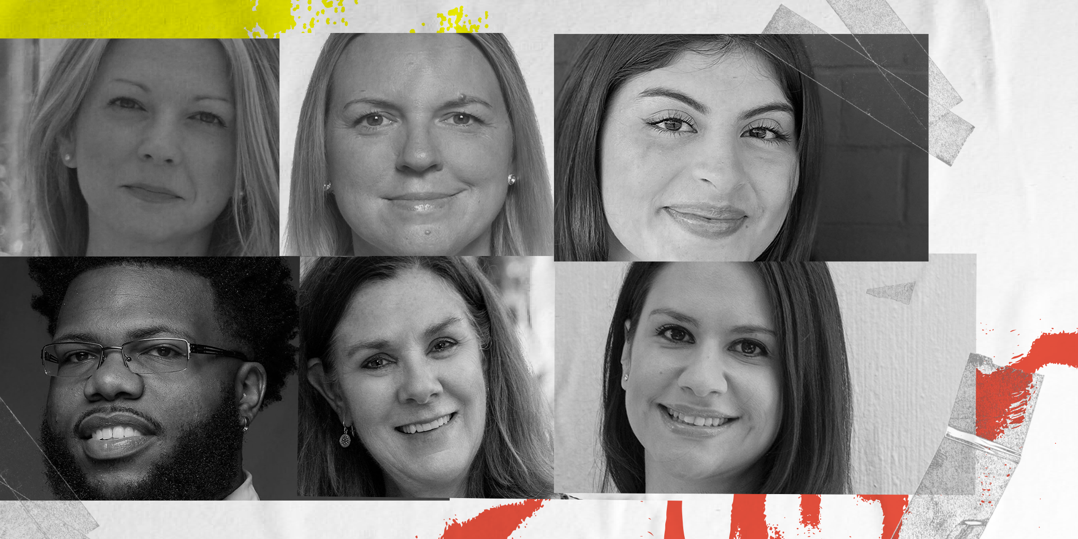 A collage of photos of the speakers, including: Bridget Murphy, a female with brown shoulder length hair, an easy-going smile, graphic-patterned shirt, and leaning against an outdoor brick wall; Jessica Bonness, a female with blonde long hair, pearl earrings, and a friendly smile with a blurred environmental background; Alexandra Rivera, a female with brown hair and eyes, a welcoming smile with a red patterned shirt against a rust-colored background; James Sanders, a male with brown hair and eyes wearing rectangular wireframed glasses, a white buttoned collared shirt against a solid grey background; Isabella Palomo, a female with long brown hair and brown eyes wearing a star necklace and flowered shirt against a solid off-white background; and Liga Brige, a female with long blonde hair parted in the middle, small stud earrings,and friendly smile. She is wearing a collared white shirt and navy jacket against a white background.