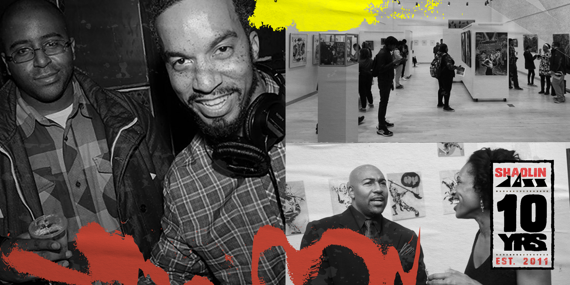 Photos of people at previous SHAOLIN JAZZ events with text saying 