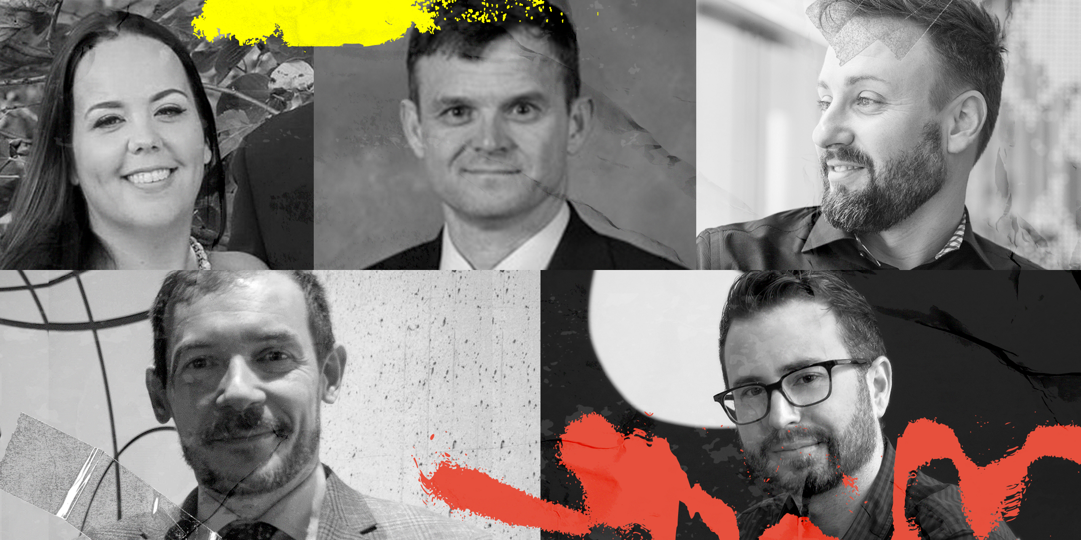 A collage of photos including: Steven Joswick, a middle-aged white man with bright blue eyes and well-styled hair wearing a blue button down shirt; Jonny Peterson, a young white man with an inquisitive expression, brown hair, a brown beard, glasses, and a blue checkered button down shirt; Danielle Covert, a young white woman with dark brown hair, dimples, and a fun necklace; Laurent Odde, a middle-aged French man with a scruffy beard wearing a smile as beaming as his suit; and Kevin Dixon, a middle aged white man sporting a professional suit and tie and an approachable smile.