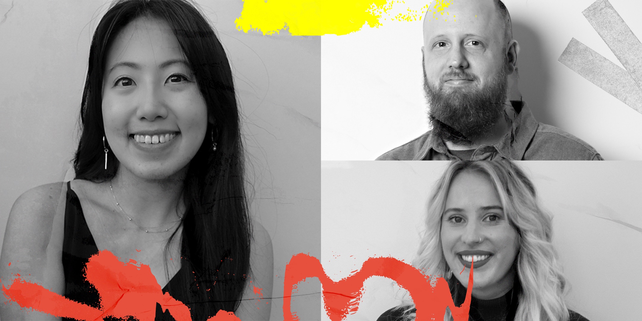 Collage of photos showing: a young, Asian-American woman wearing a sophisticated black tank-top with silver earrings and necklace. Her black hair is swept to one side as she smiles at the camera. A middle-aged, bald and bearded white dude smiling subtly but looking somewhat austere in a gray, flannel collared shirt and casting a dark shadow on a light gray backdrop. A youthful white woman with wavy, light blond hair wearing red lipstick and a silver nose piercing smiles cheerfully, in a black, long sleeve turtleneck top.