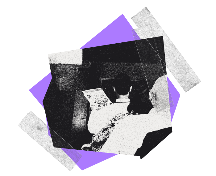 Collage made up of purple abstract shapes, transparent tape flanking a photograph of a three people going down an escalator with a man holding a newspaper.