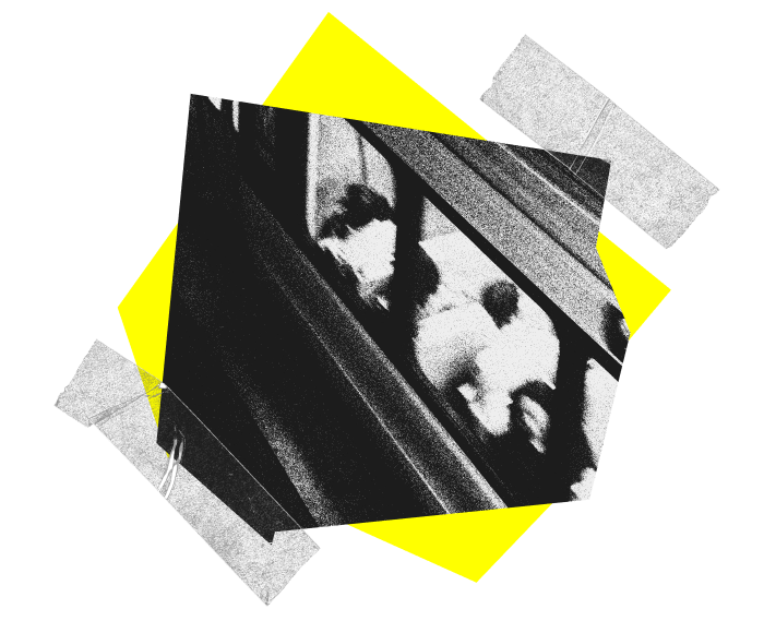 Collage made up of a yellow abstract shape, and transparent tape flanking a photograph of a blurred Metro train in motion.