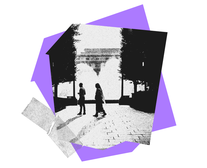 Collage made up of purple abstract shapes, and transparent tape, flanking a photograph of two people walking with a large fountain spraying in the background.