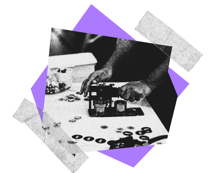 Collage made up of purple abstract shapes, and transparent tape, flanking a photograph of an AIGA member making buttons with a button maker.