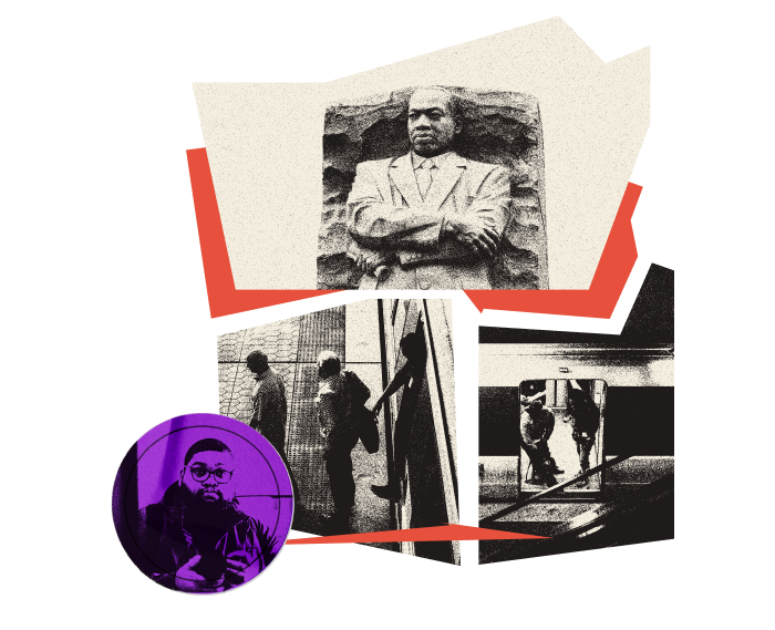 Collage made up of red abstract shapes, a sticker with a photograph of Marcus Relacion, photograph of MLK monument in DC, photograph of people getting off a Metro train, and a photograph of two men standing in a Metro train doorway.